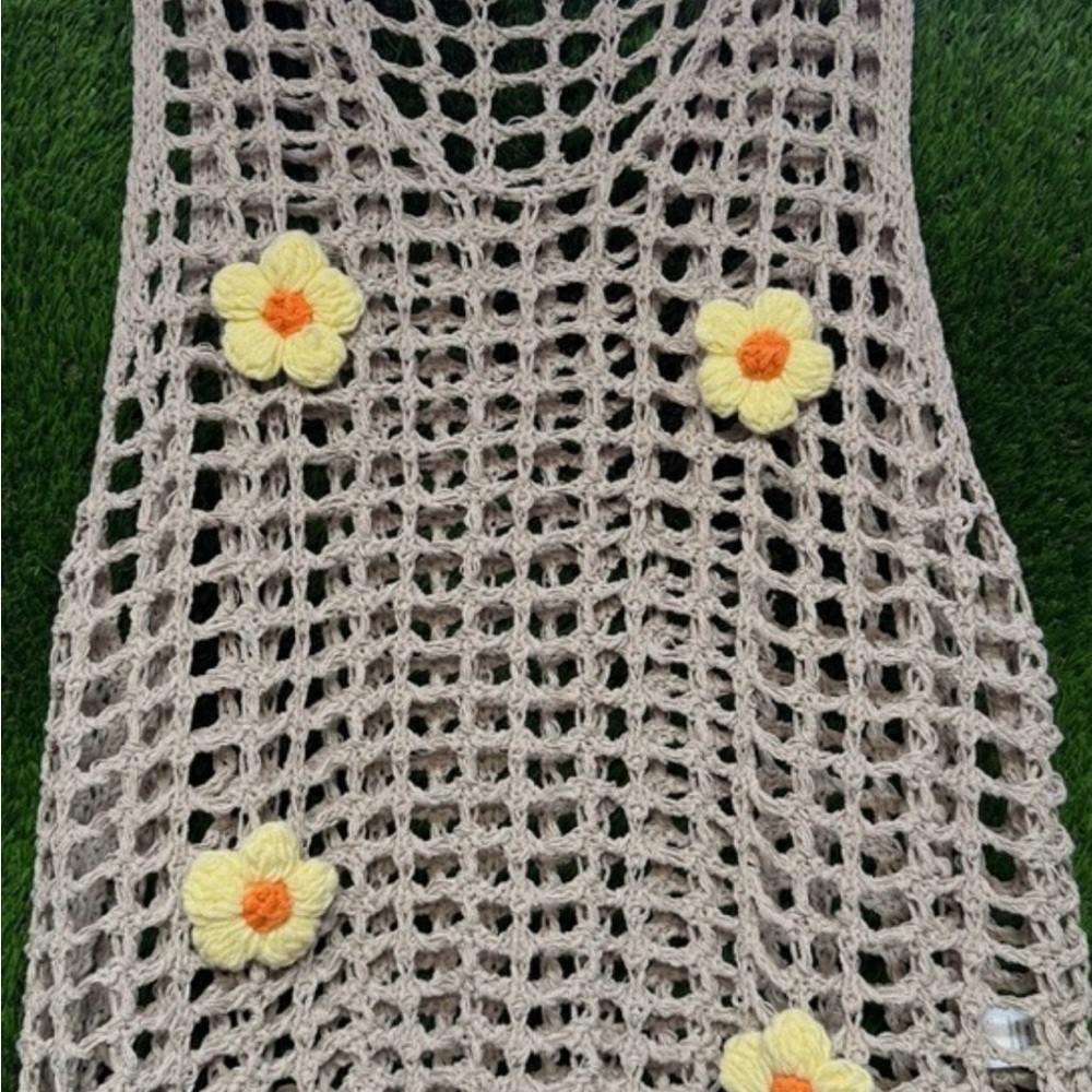 POL -Crochet Mesh Top with Floral Accents